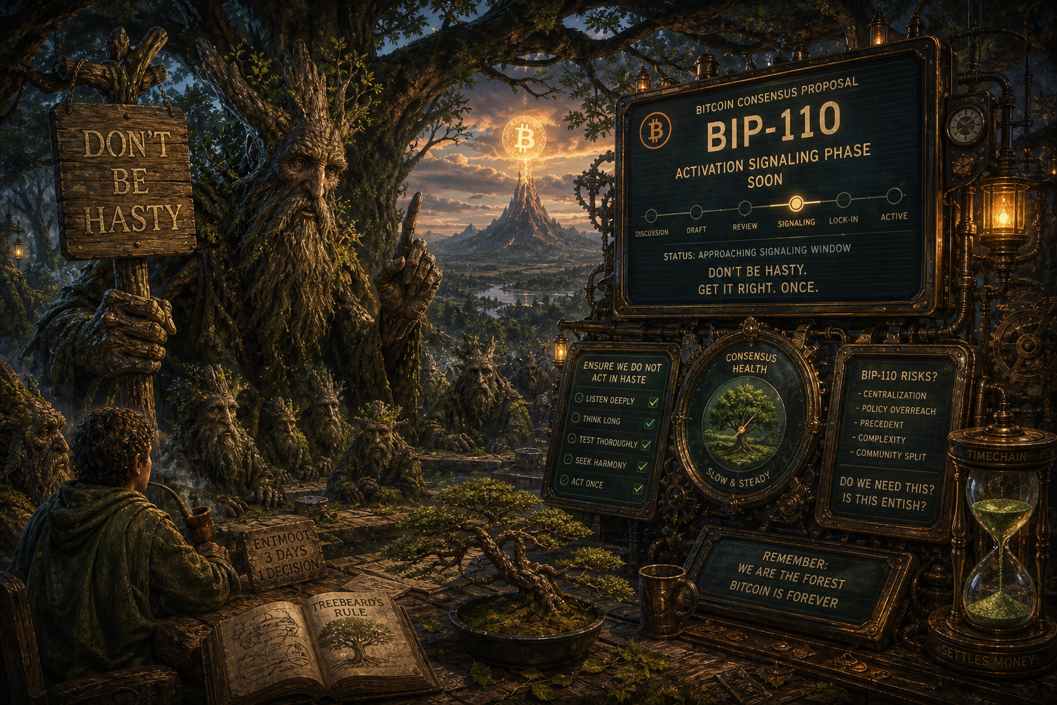 Treebeard raises his Don't Be Hasty sign over a BIP-110 signaling dashboard at the Entmoot